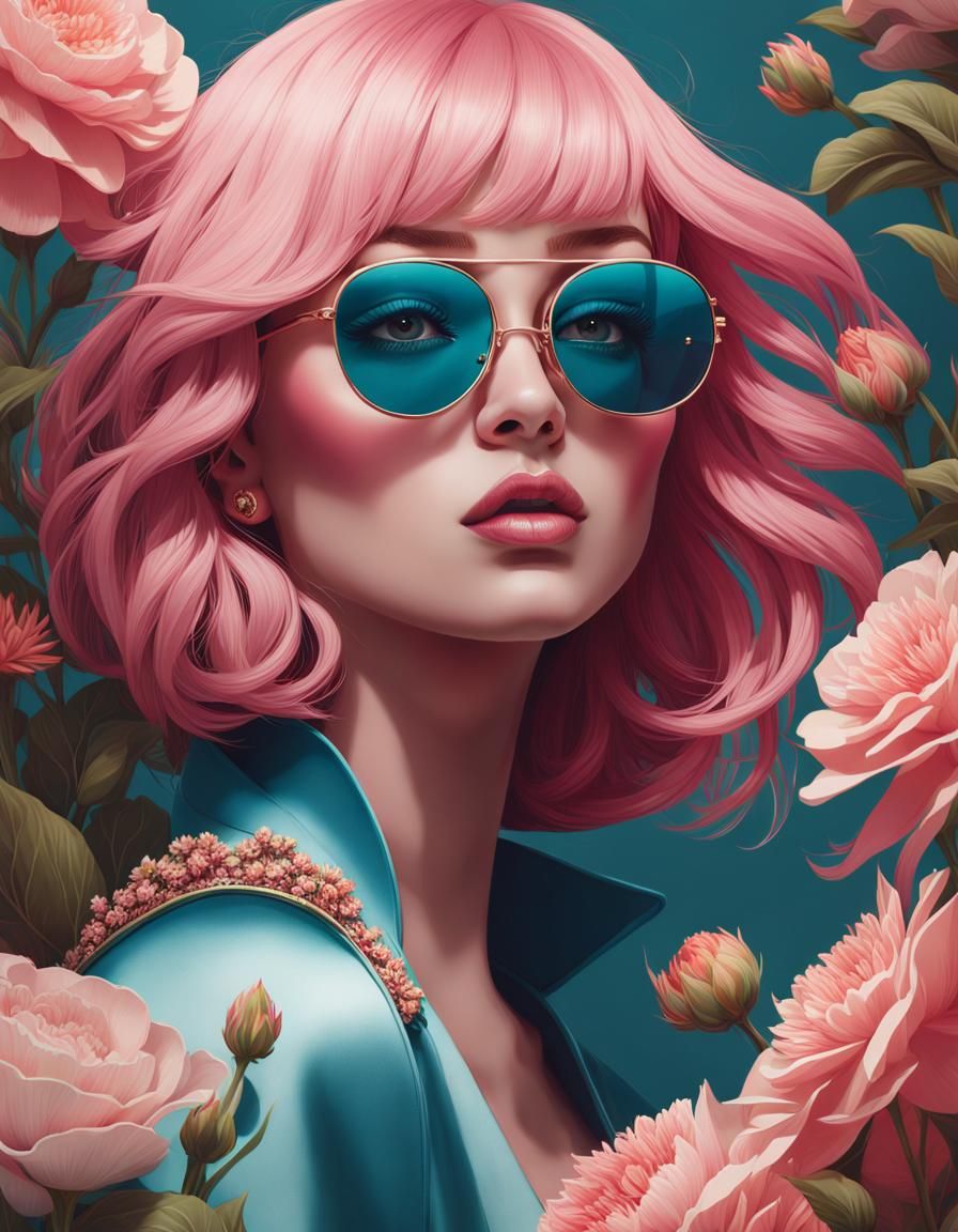 Woman in Sunglasses with Flowers, Digital Portrait