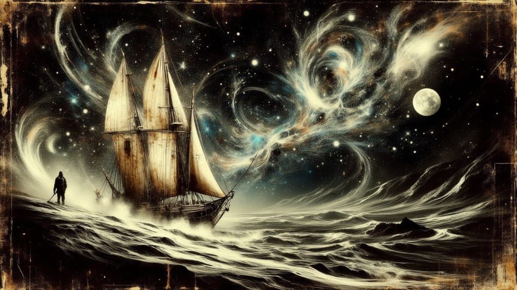 Cosmic Caravels and Ancestral Spirits in Starry Sky