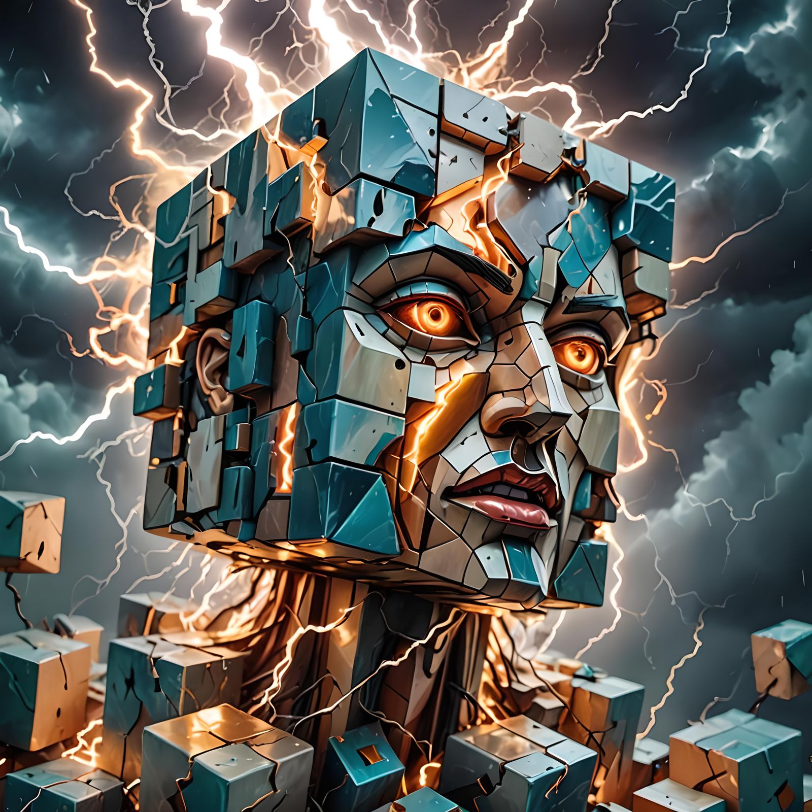 Surreal Cubist Figure Devouring Lightning