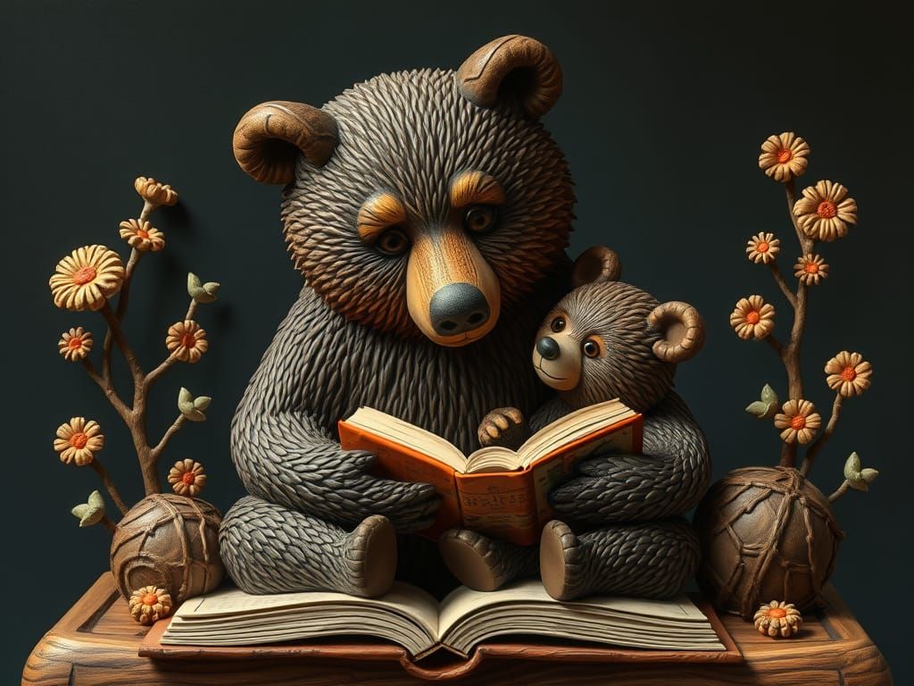 Whimsical Folk Art of Mother Bear Reading to Cub