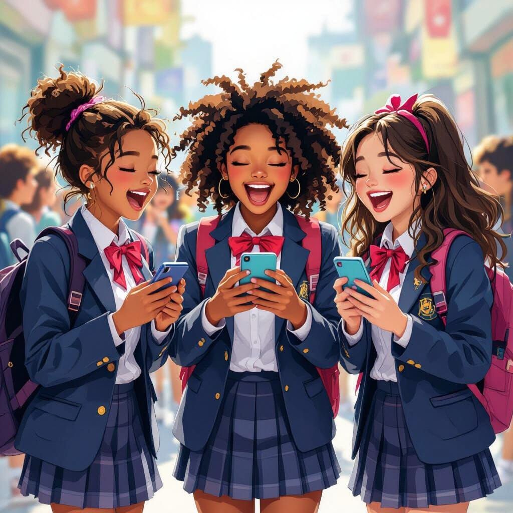 Excited Teenage Girls Gaze at Phones, Digital Cartoon Art