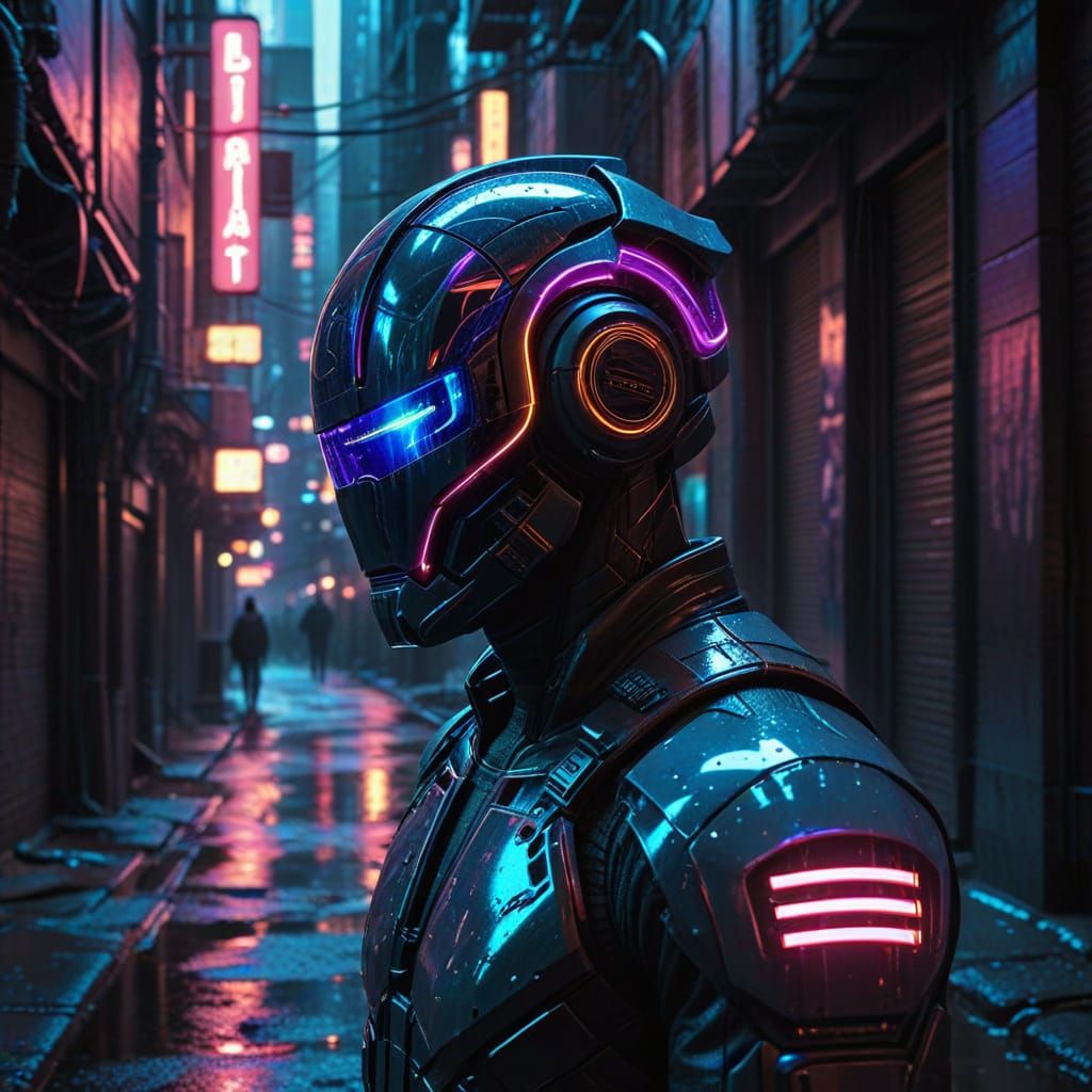 Glowing Cyberpunk Helmet in Dark Alleyway