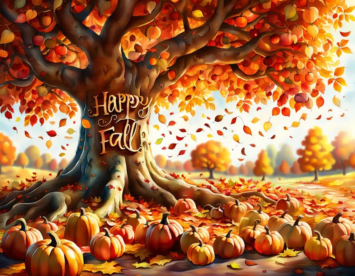 Watercolor Autumn Scene with 'Happy Fall!' Text Art