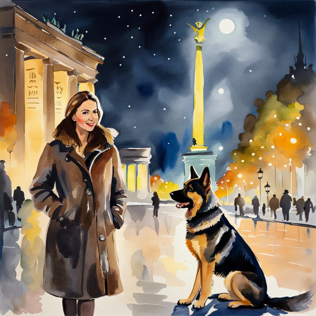 German Woman and Dog in Berlin: Impressionist Watercolor