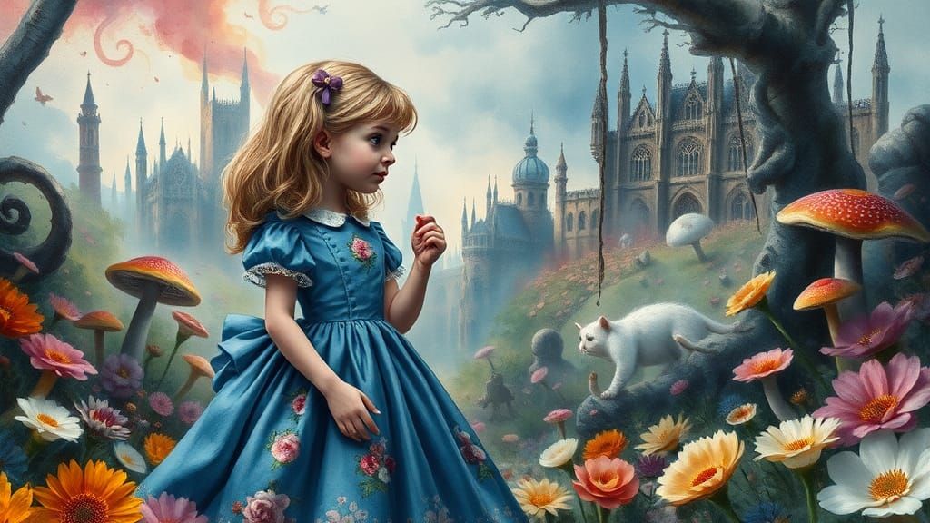 Alice in Wonderland's Surreal Dreamscape with Cheshire Cat