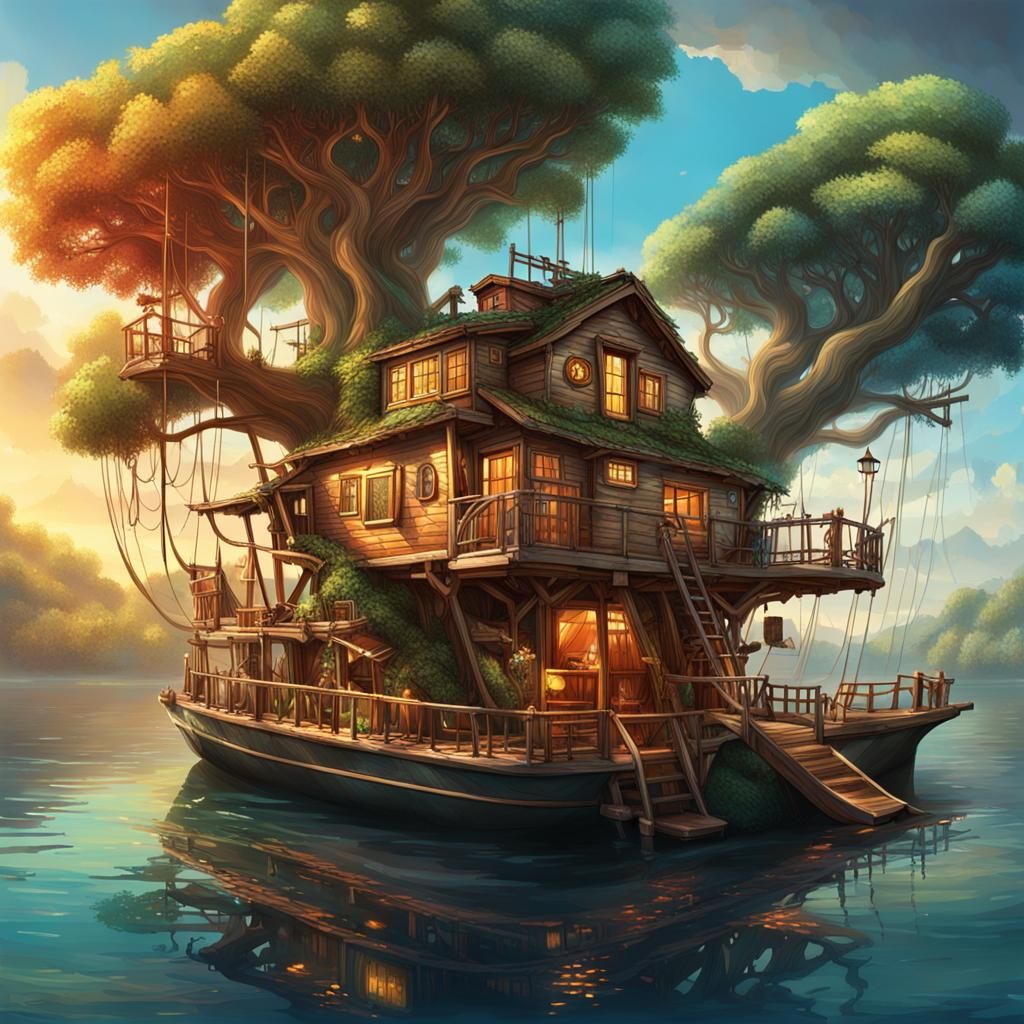 Hyperrealistic Treehouse Boat Concept Art