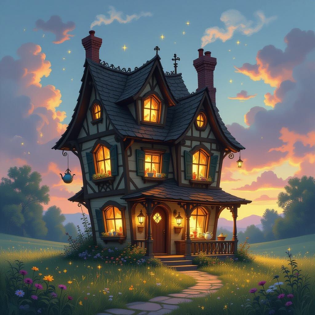 Enchanted Magical House Rises from Meadow in Whimsical Fanta...