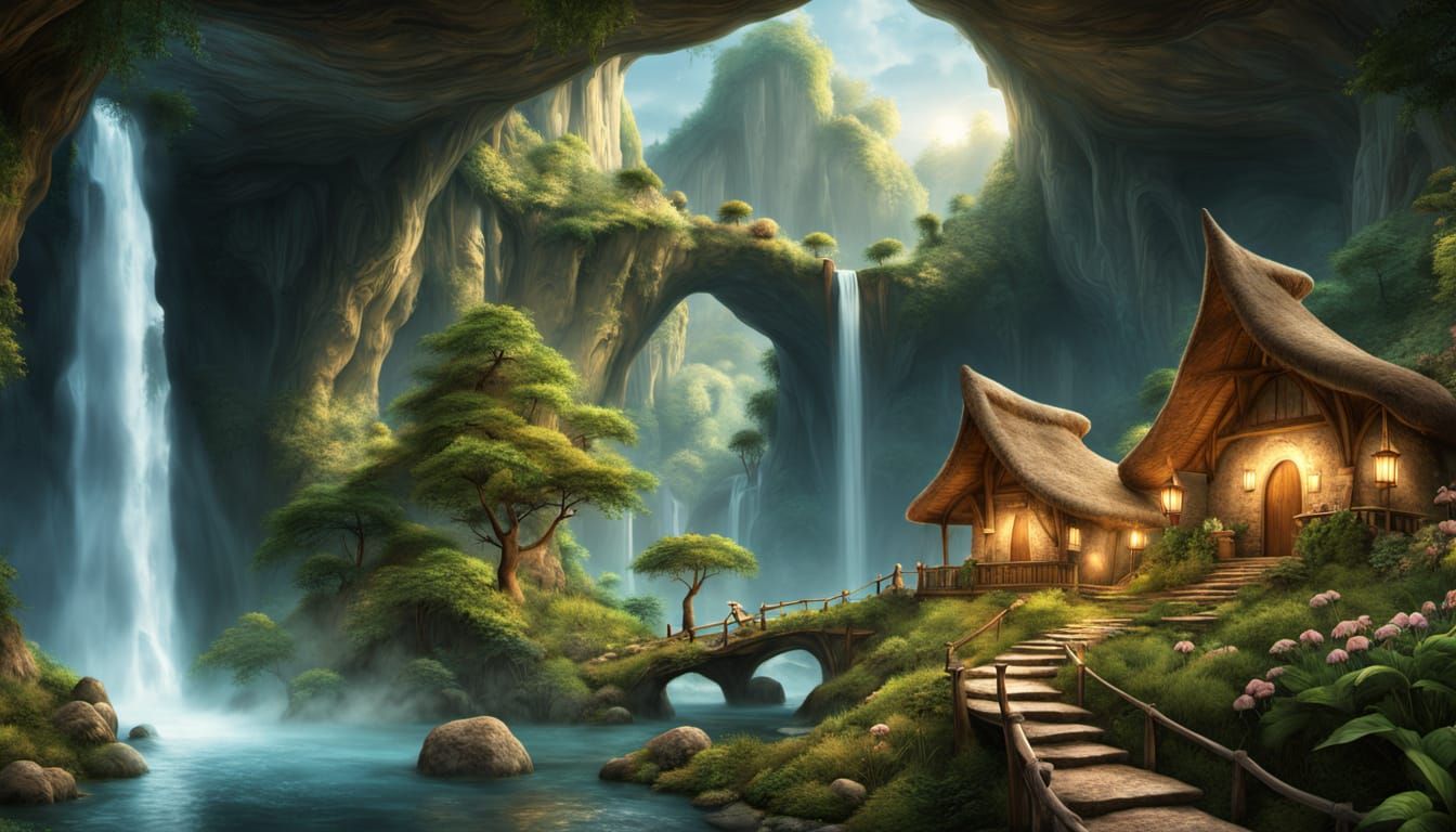 Elven Village in Cave with Bioluminescent Mushrooms