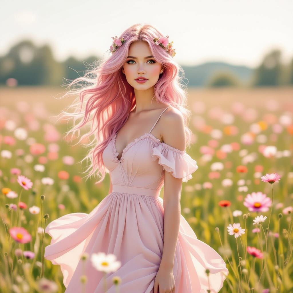 Dreamy Watercolor: Young Woman in Wildflower Field