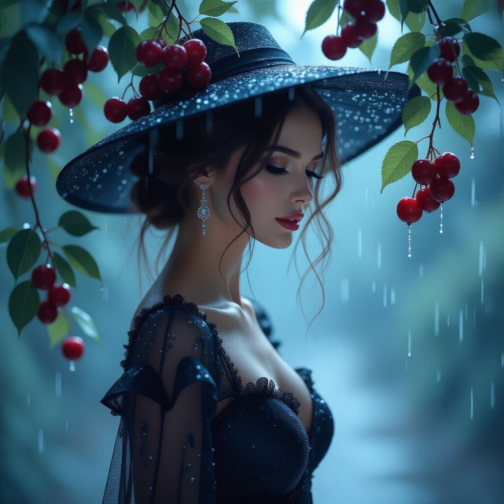 Ethereal Woman in Rain with Red Currants