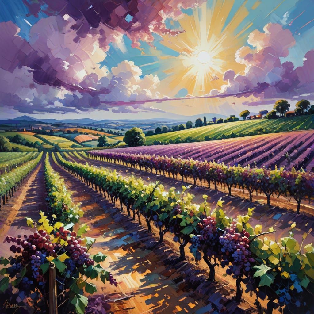 Vibrant Purple Vineyard Masterpiece in Impressionist Gouache...