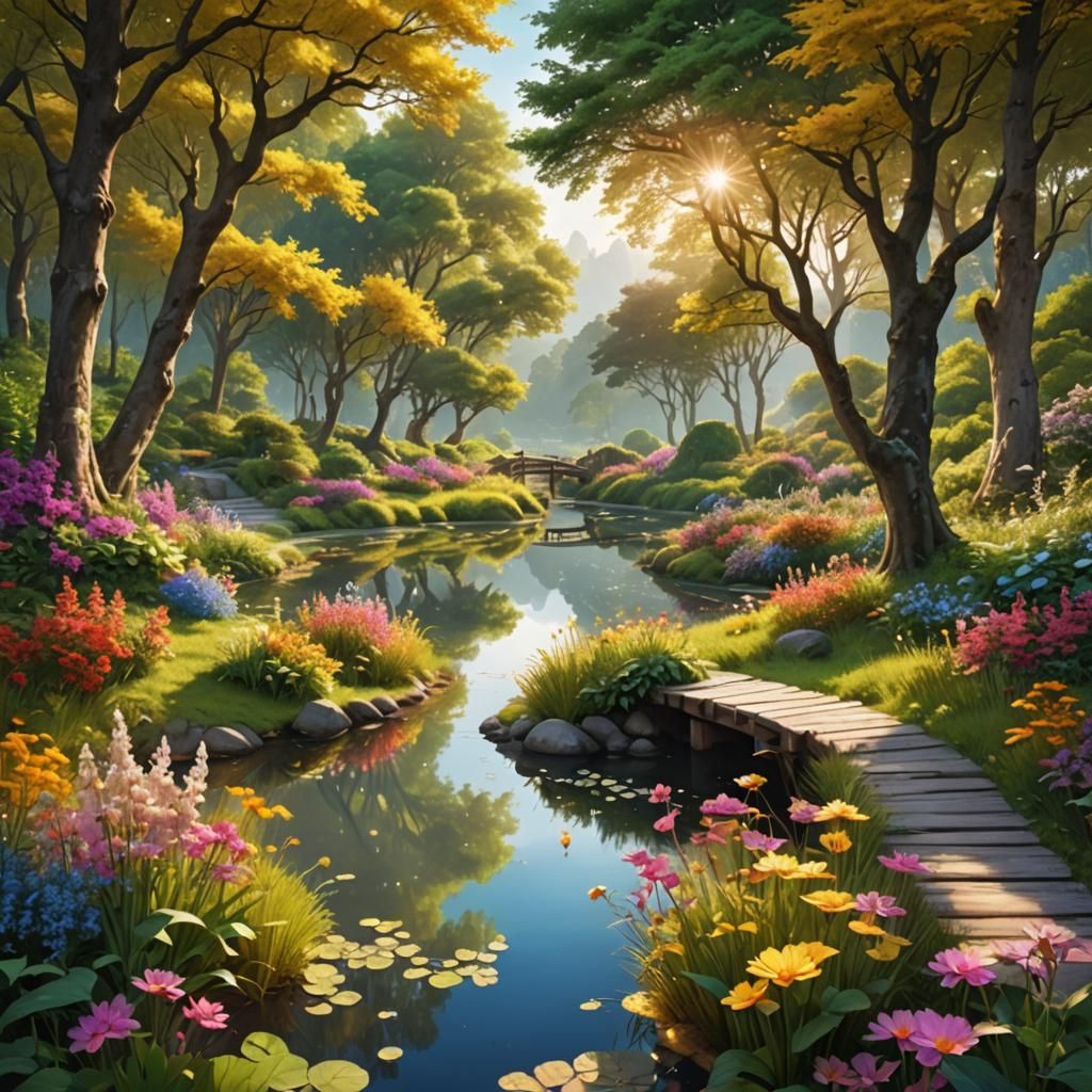 Peaceful Forest Scene with Golden Sun: Matte Painting