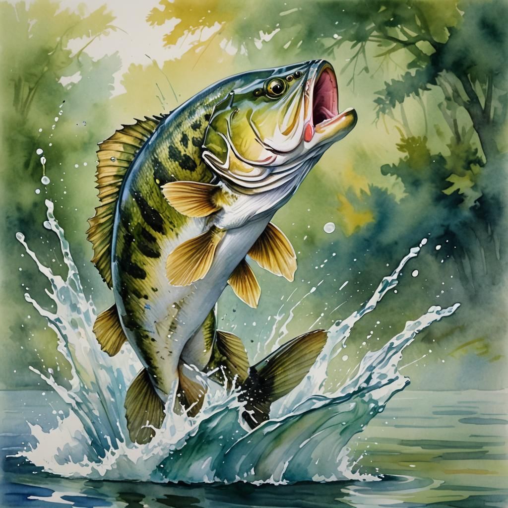 Watercolor Largemouth Bass Leaping