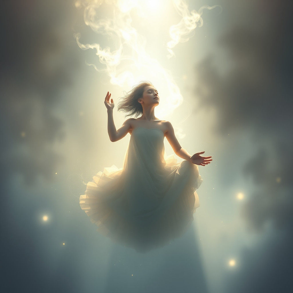Ethereal Figure Embracing Inner Child in Dreamlike Light