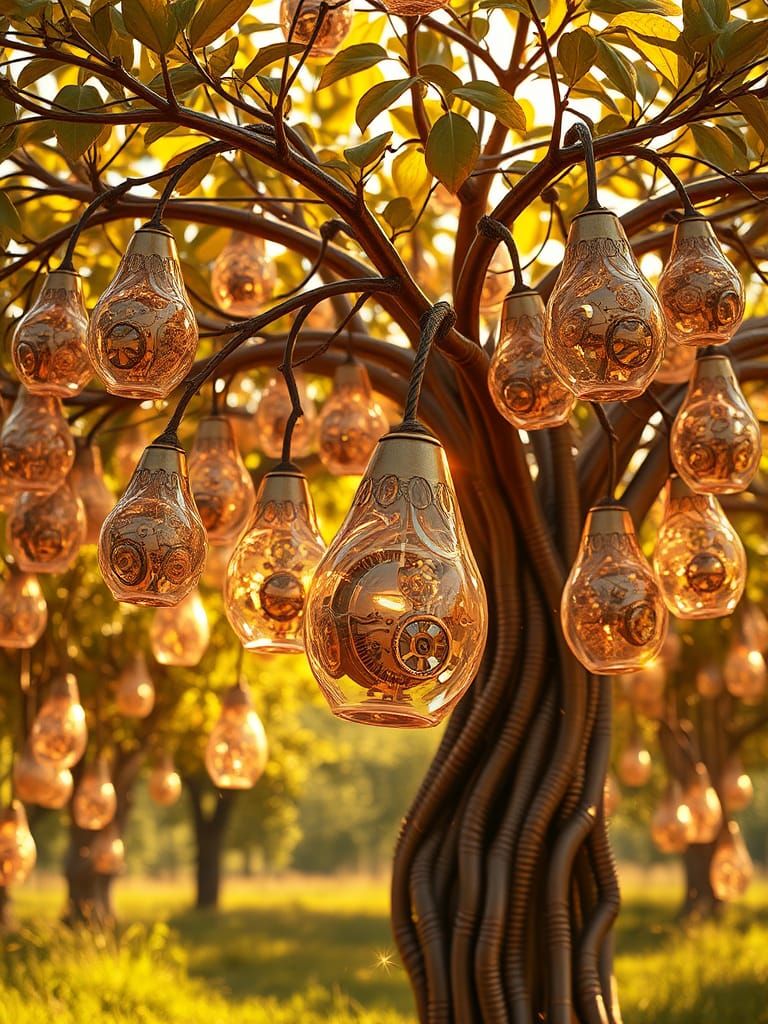 Mechanical Tree with Crystalline Pears in Sunlit Orchard