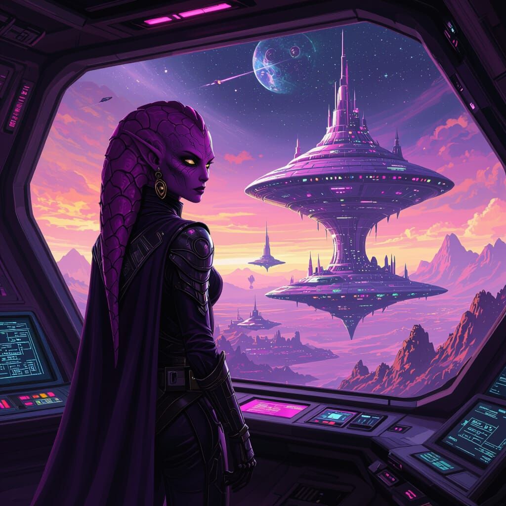 Evil Alien Admiral in Pink and Purple with Organic Starship