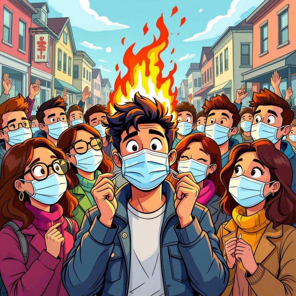 Cartoon Mask Burning During Pandemic