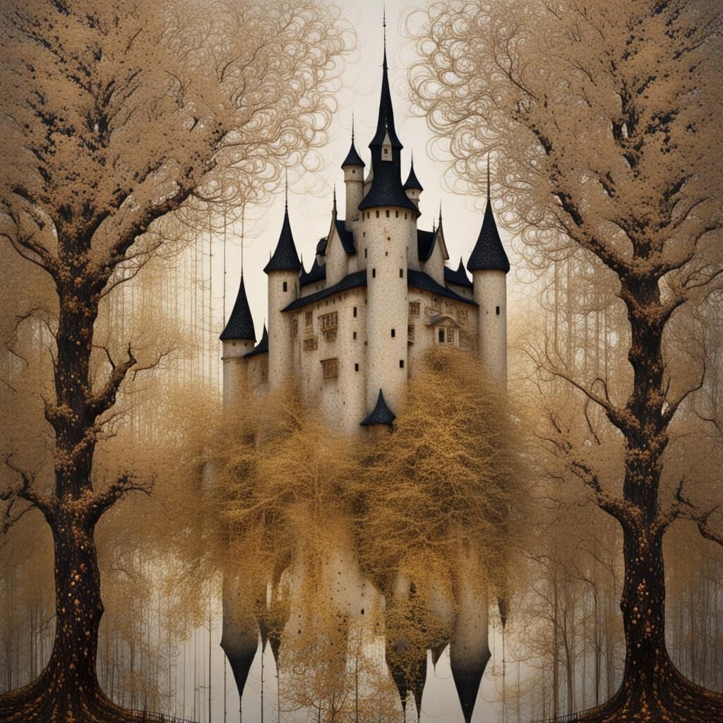 Fantastical Castle with Bioluminescent Trees, Klimt-Inspired...