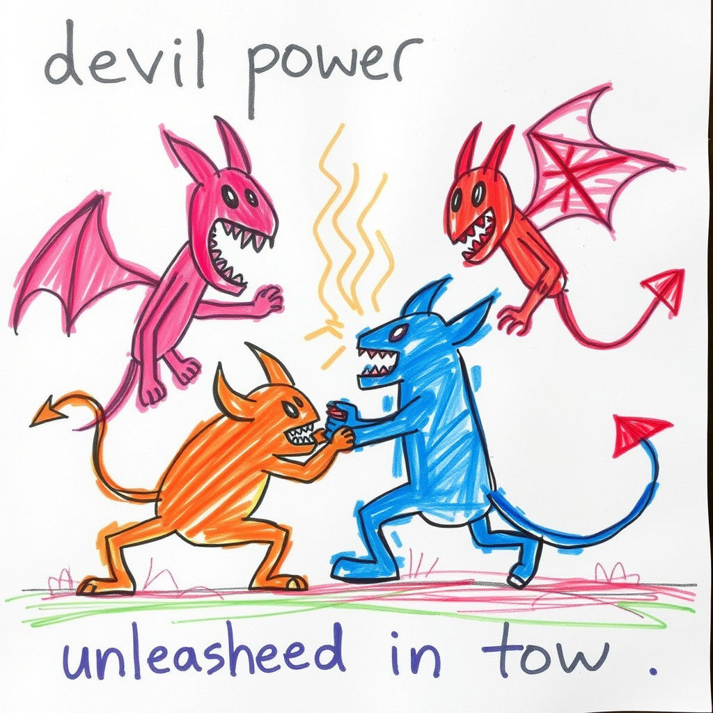 Children's Drawing of Devil Monsters Fighting
