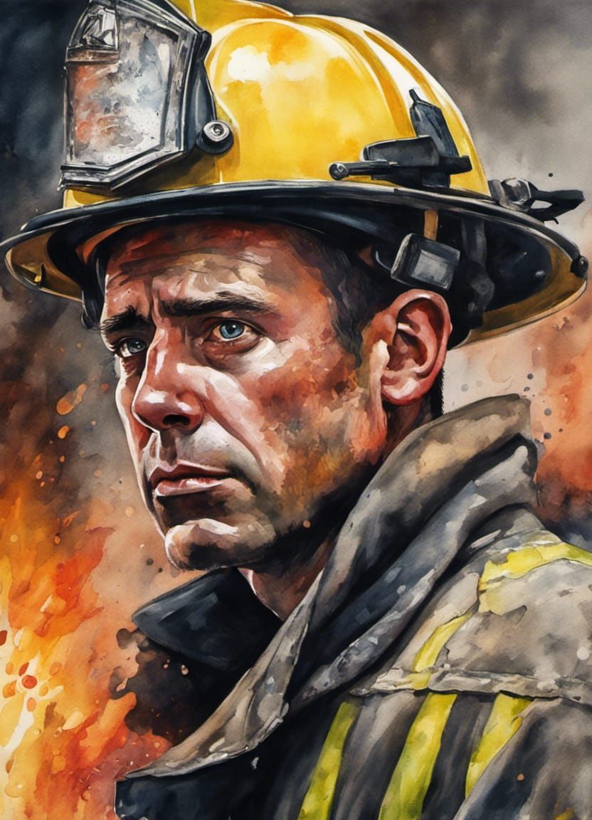 Soulful Firefighter Portrait in Watercolor Style