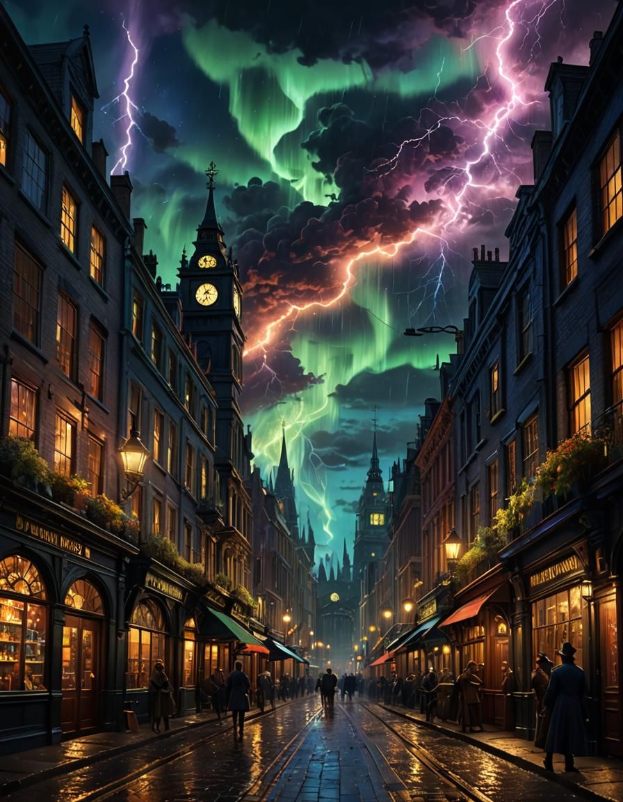 Steampunk London Aurora Electrical Storm in Dark Fantasy Sty...