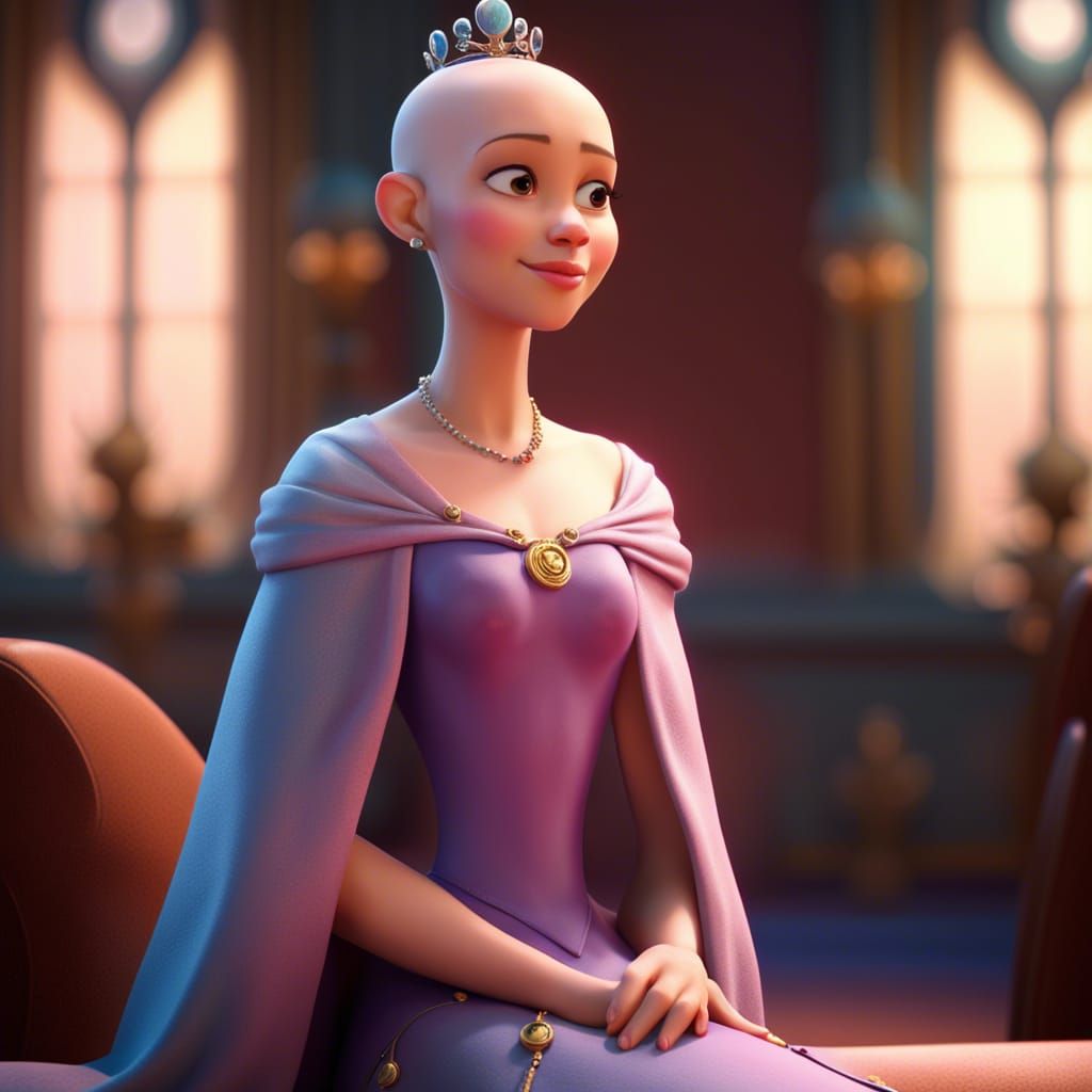 Bald Disney Princess in Pixar-Style 3D Rendering