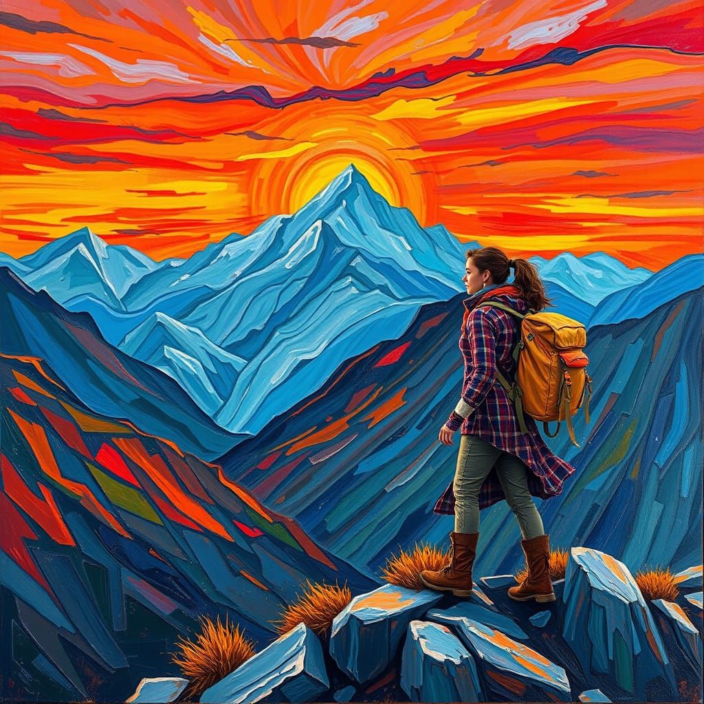 Sunset Mountain Landscape with Hiker in Neo-Impressionist St...