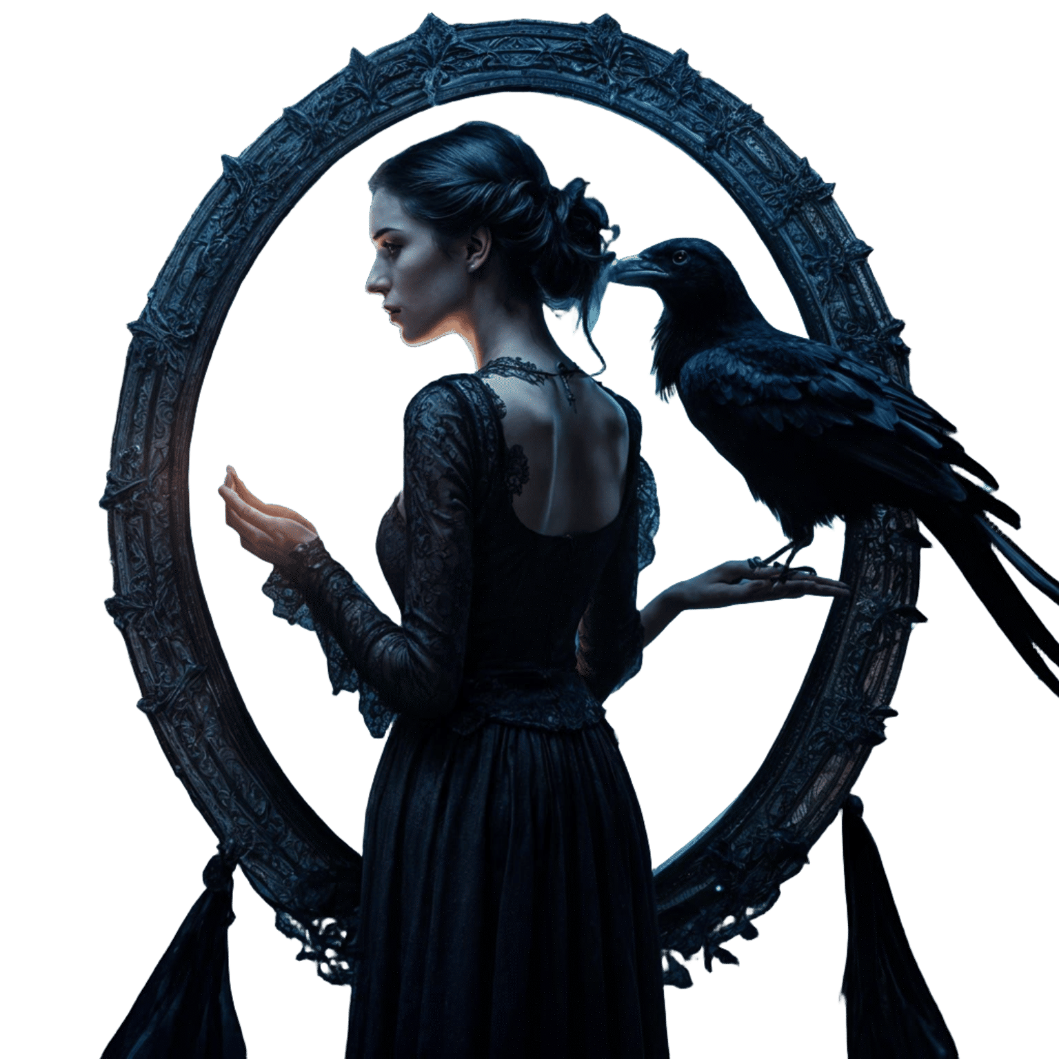 Gothic Woman Reflecting Under Starry Sky