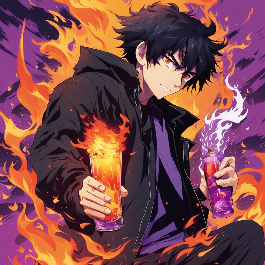 Anime Man with Fiery Energy and Molotov Cocktail