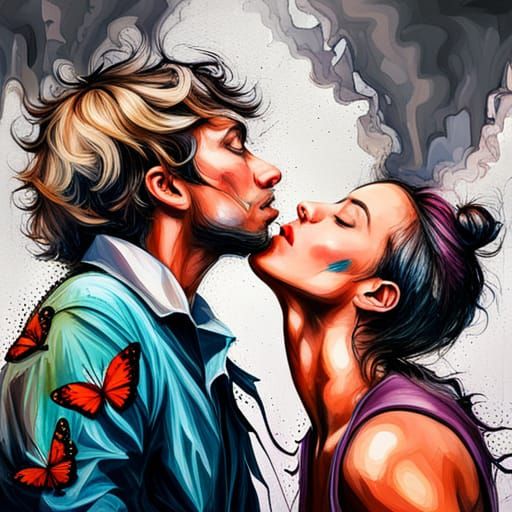 Kissing Couple in Flight of Butterflies Graffiti