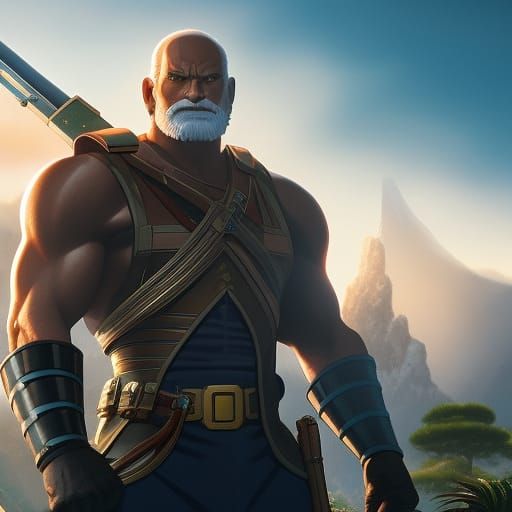 Older, stocky Captain Rex with a groomed white beard, wearing sleeveless armored vest