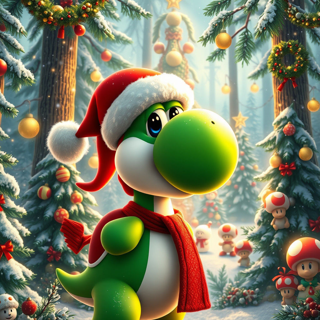 Yoshi Celebrates Christmas in Snowy Mario World