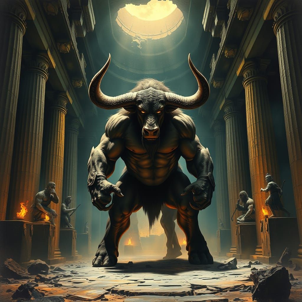 Majestic Minotaur Dominates Dark Greek Temple