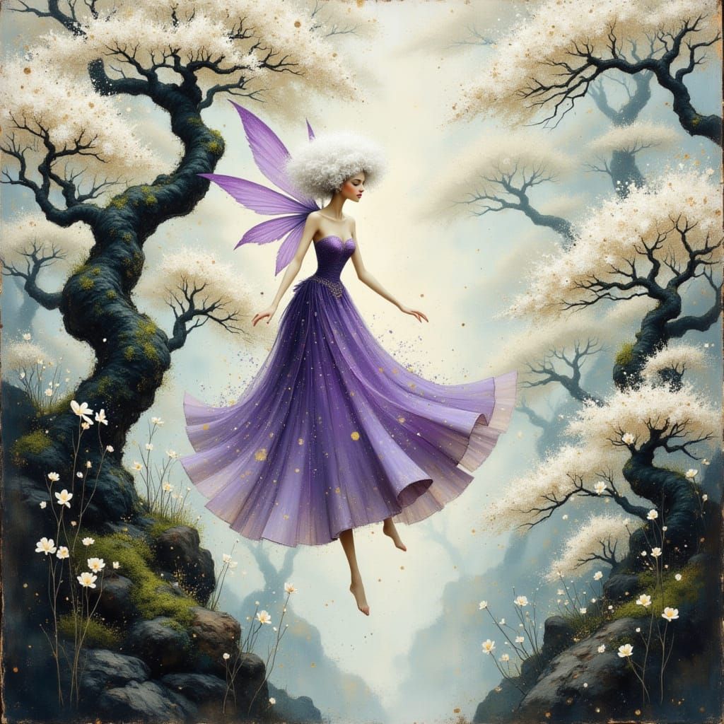 Fairy Leaps Over Bonsai Trees in Whimsical Style