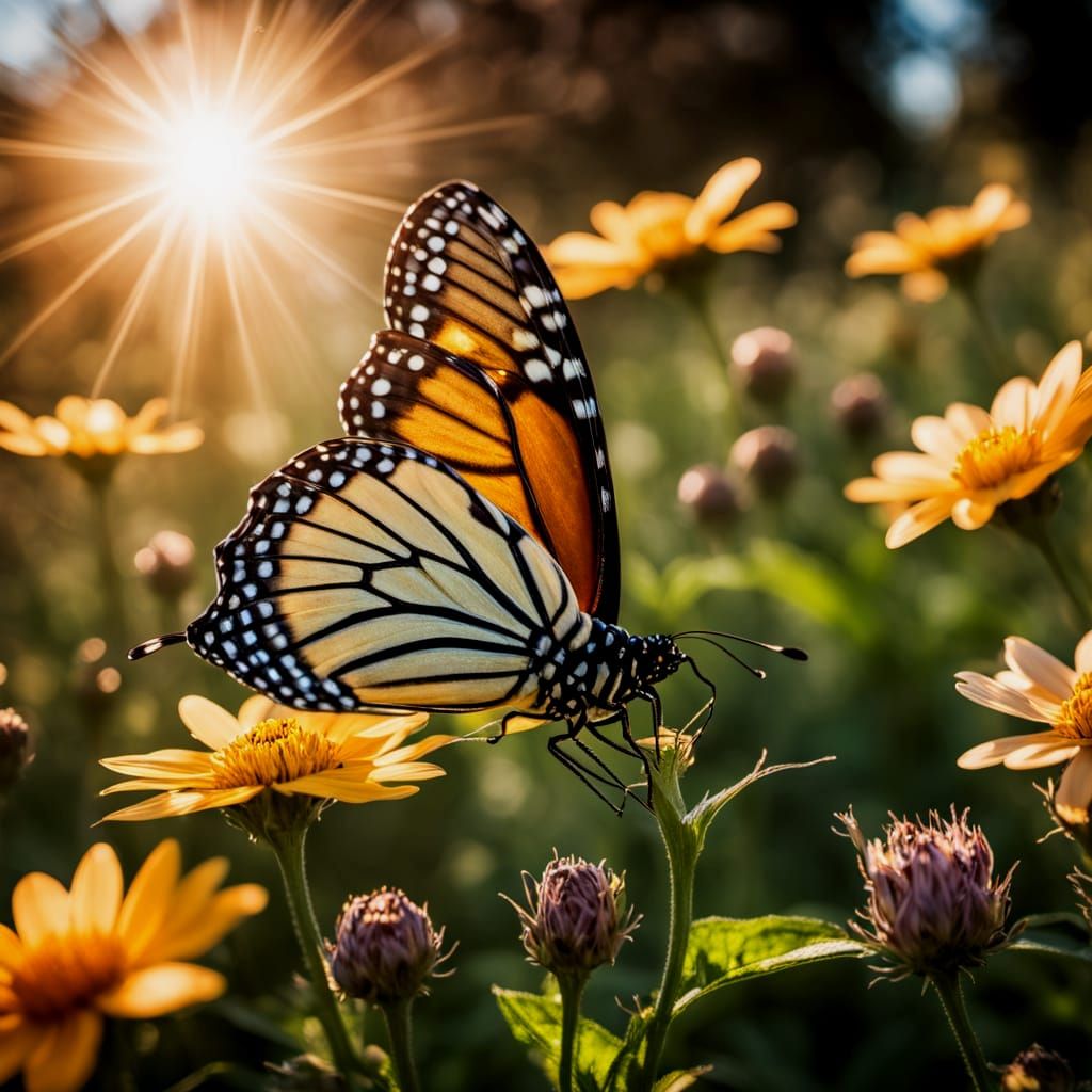 Vibrant Monarch Butterfly Migration in a Lush Floral Landsca...