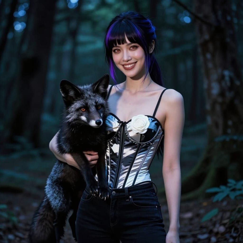 Woman with Black Fox in Moonlit Forest