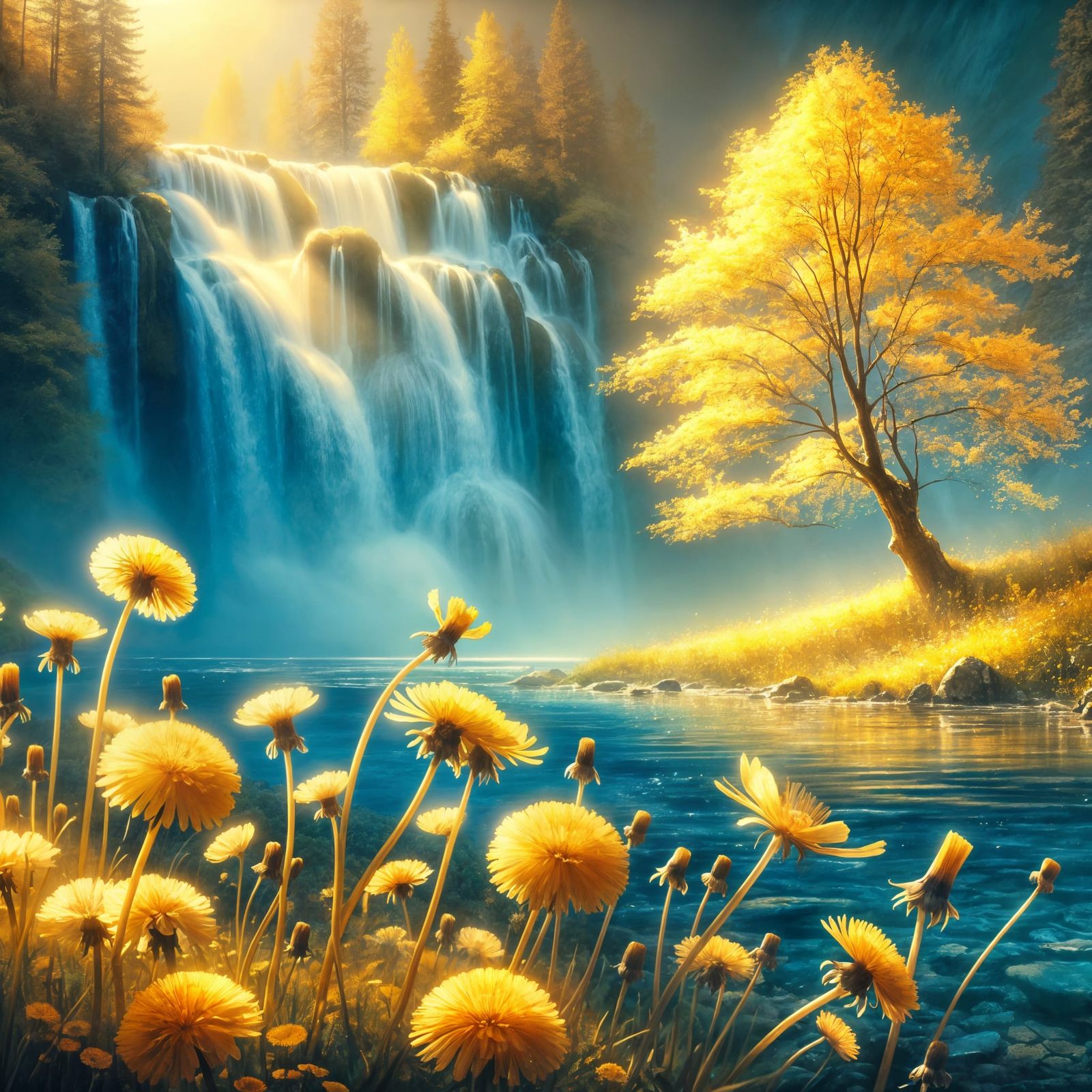 Delicate Dandelions in a Serene Watercolor Landscape