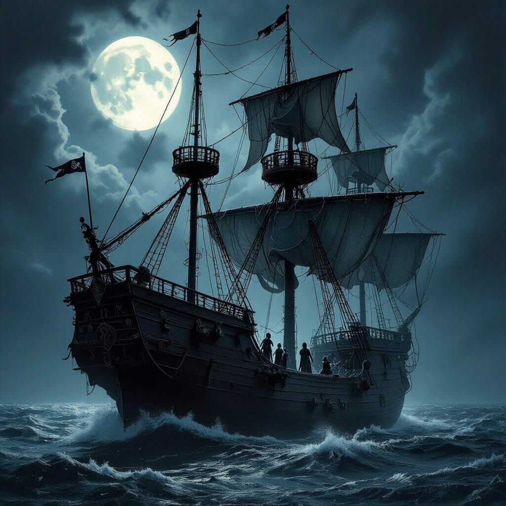 Spiderweb Galleon on Stormy Moonlit Sea