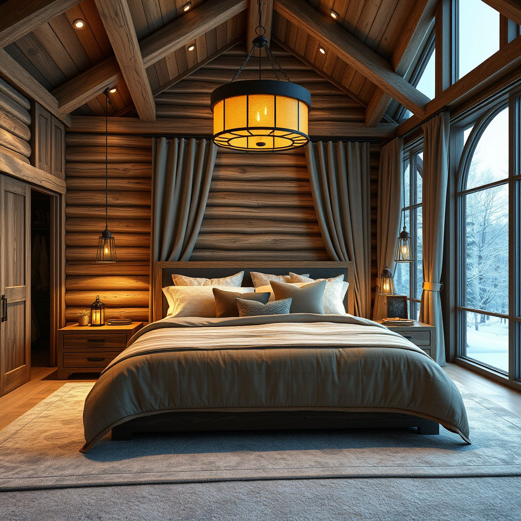 Rustic Log Cabin Bedroom in Winter Wonderland