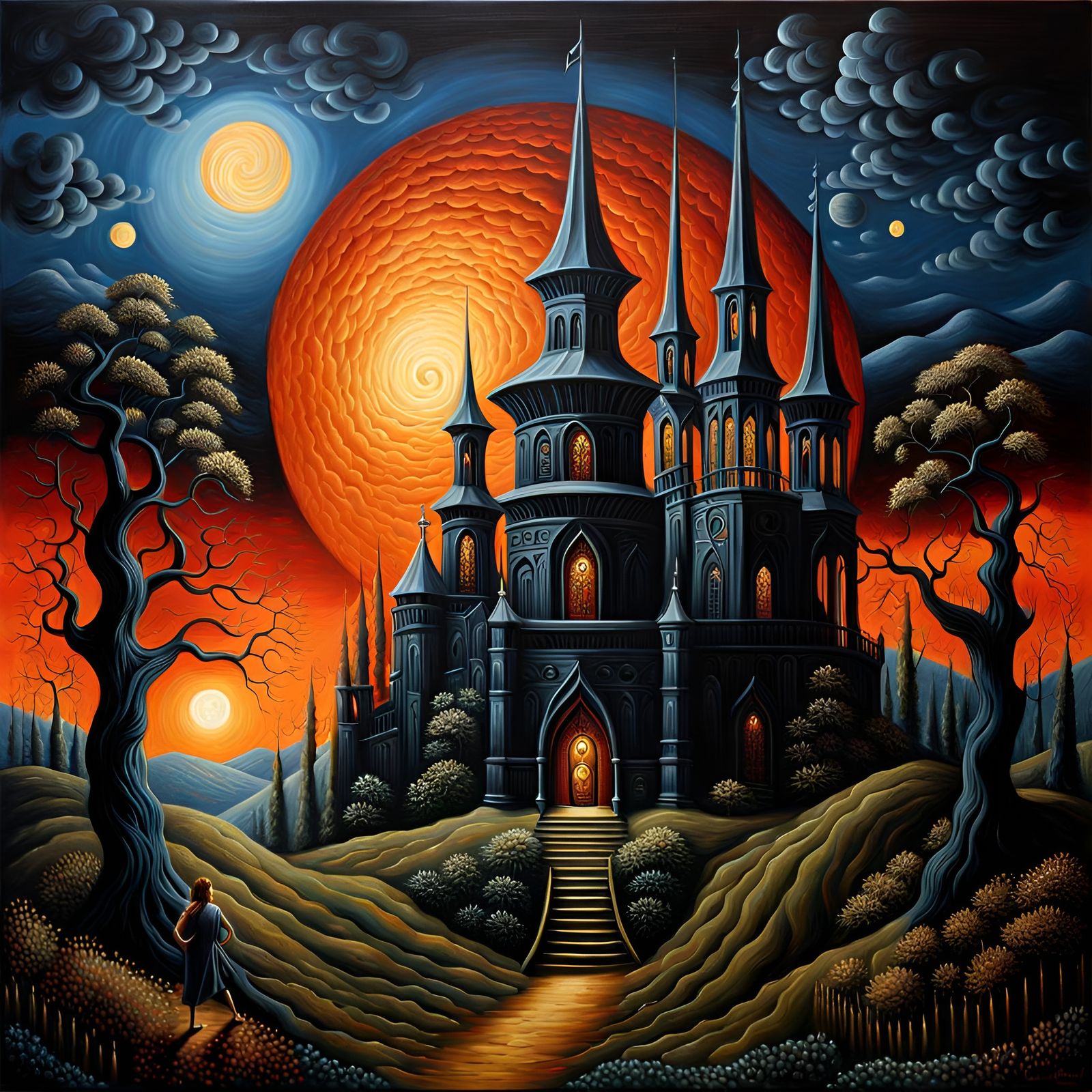 Night Gothic Landscape in Impasto Oil Painting Style
