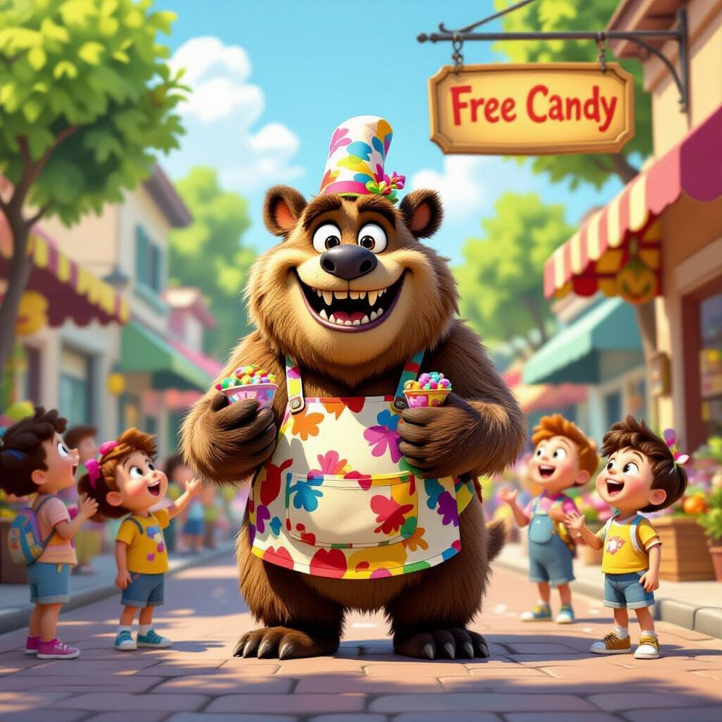 Friendly Monster Trades Candy in Animated Street Scene