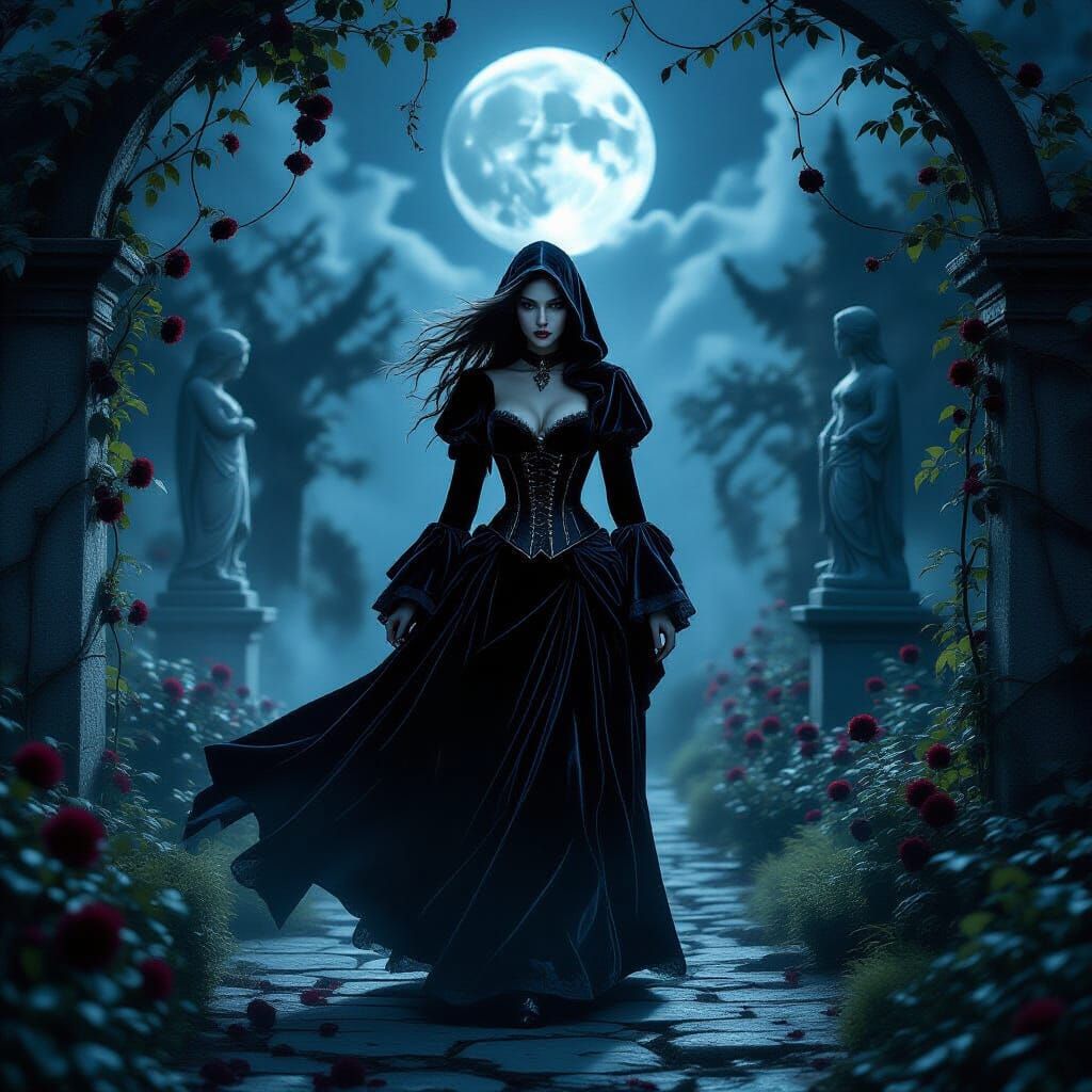 Gothic Girl in Moonlit Garden, Fantasy Art