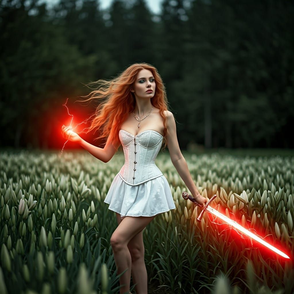 Irish Woman with Lightning Sword in Lily Field