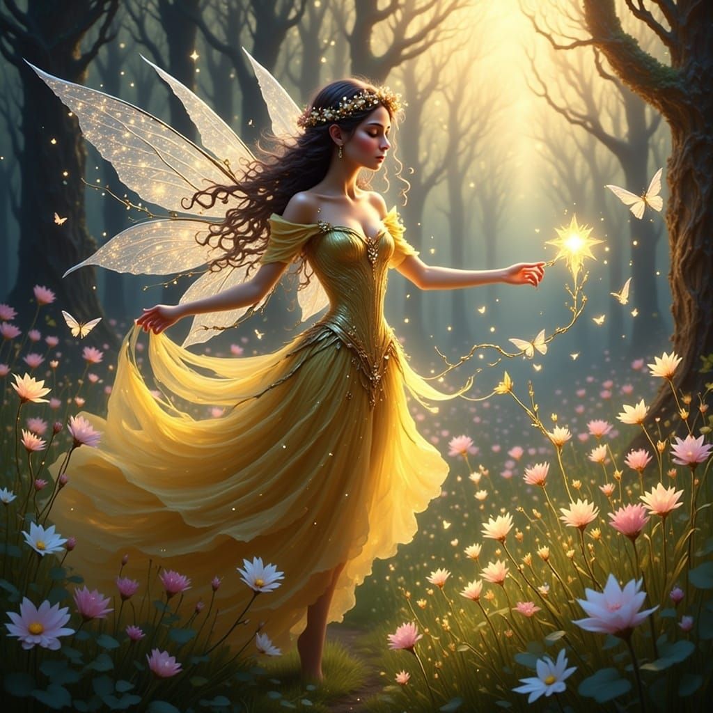 Hispanic Fairy Hovers Over Vibrant Meadow