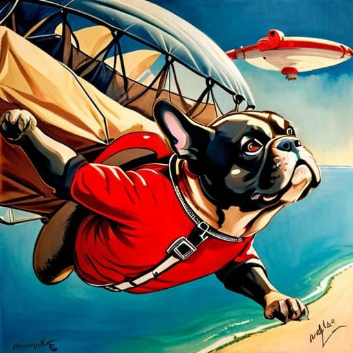 French Bulldog Skydiving in Dieselpunk Movie Poster Style