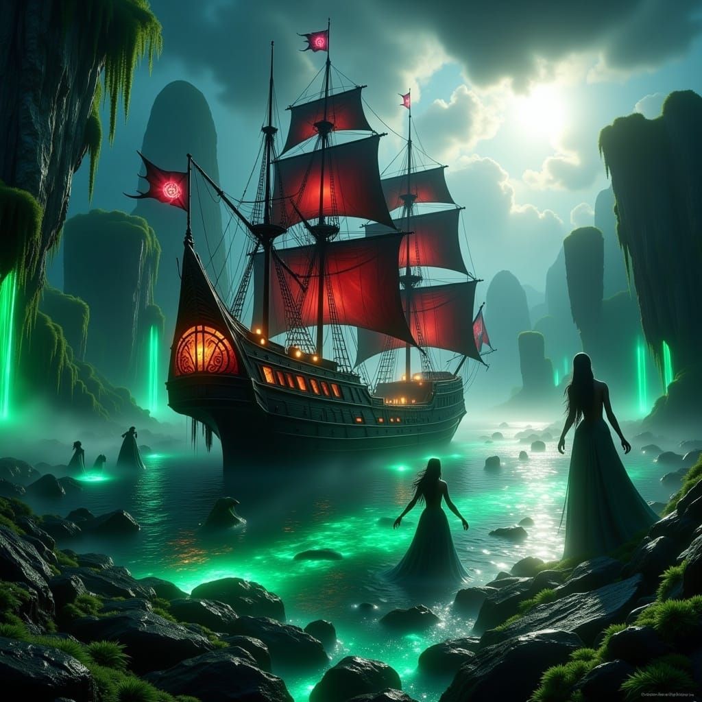 Mystical Pirate Ship Sails a Gothic Fantasy World