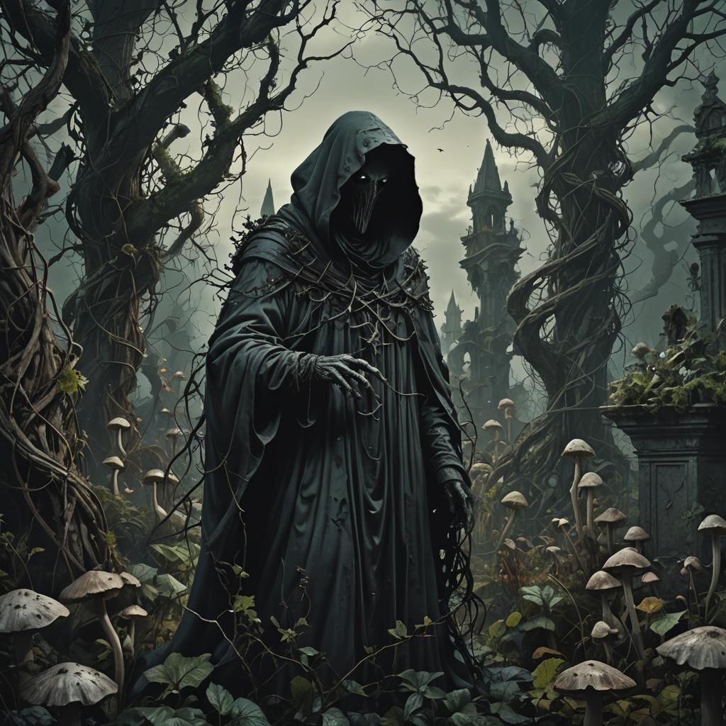 Ominous Reaper in Corrupted Gothic Garden