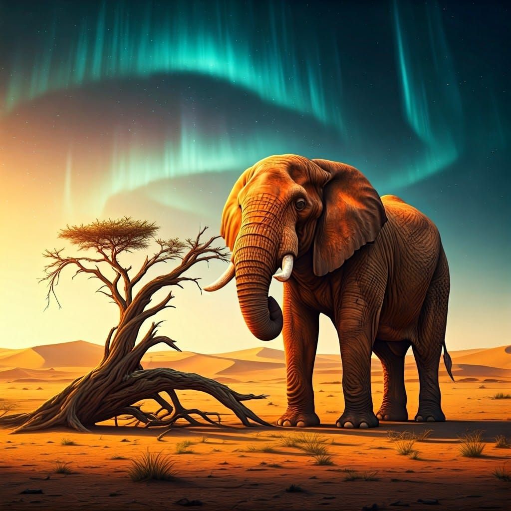 Elephant in Sahara at Sunset in Matte Painting Style