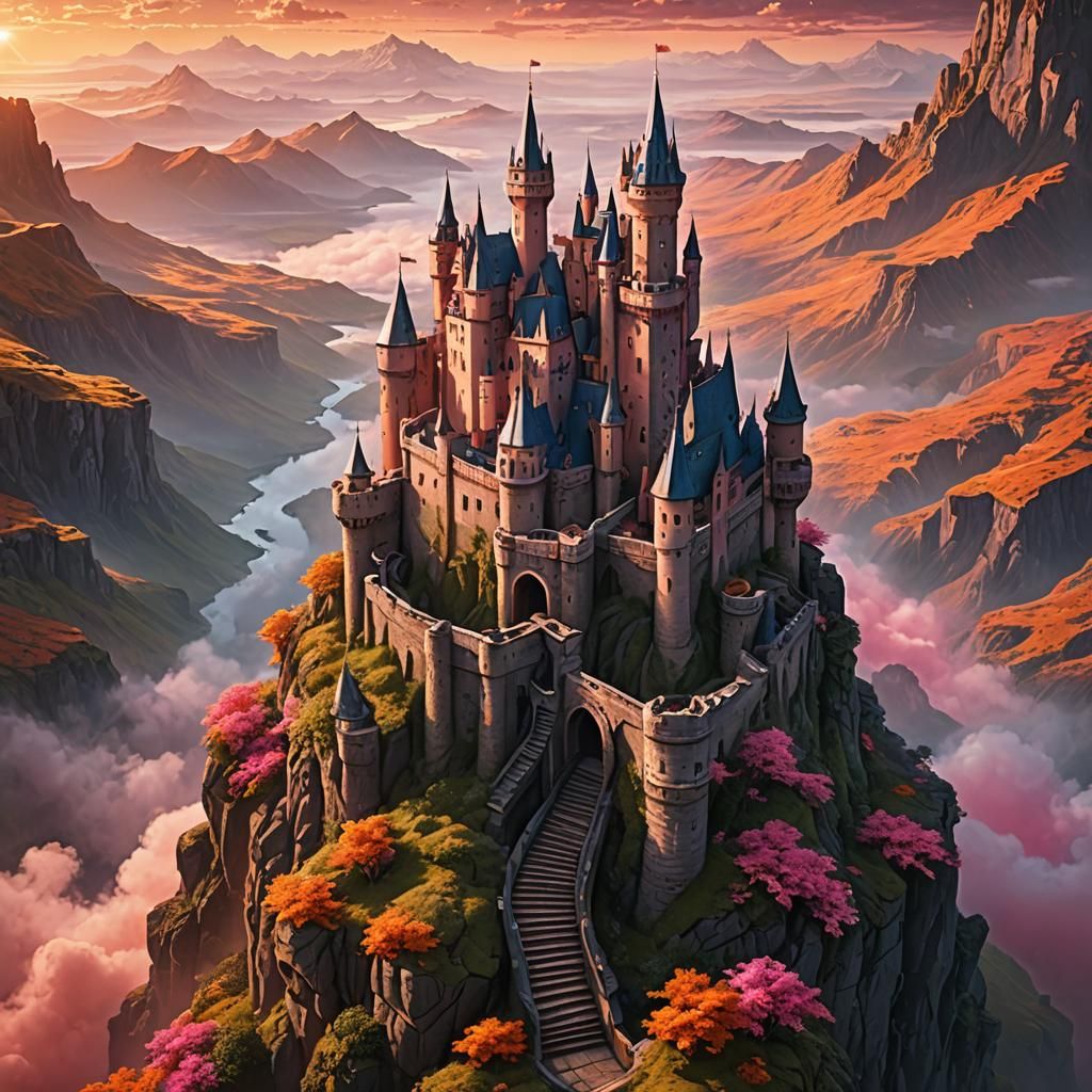 Sky Castle with Vibrant Steps: A Digital Matte Painting