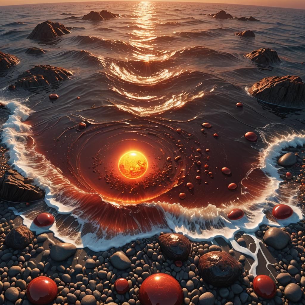 Giant Red Sun Rises Over Alien Ocean